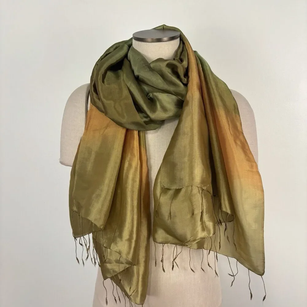 Vibrant Ombre Silk Scarf Olive Green Gold Gradient Fringe Lightweight Wrap Shawl